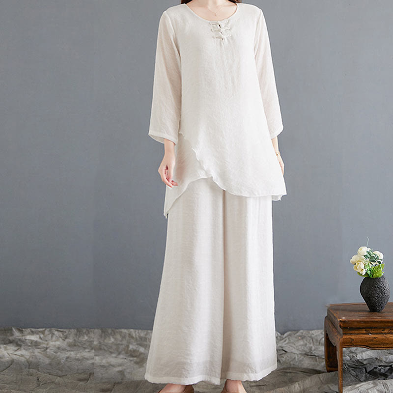 Buddha Stones 2Pcs Beige Chinese Frog-Button Design Long Sleeve Shirt Top Pants Meditation Zen Tai Chi Cotton Linen Clothing Women's Set - image 4