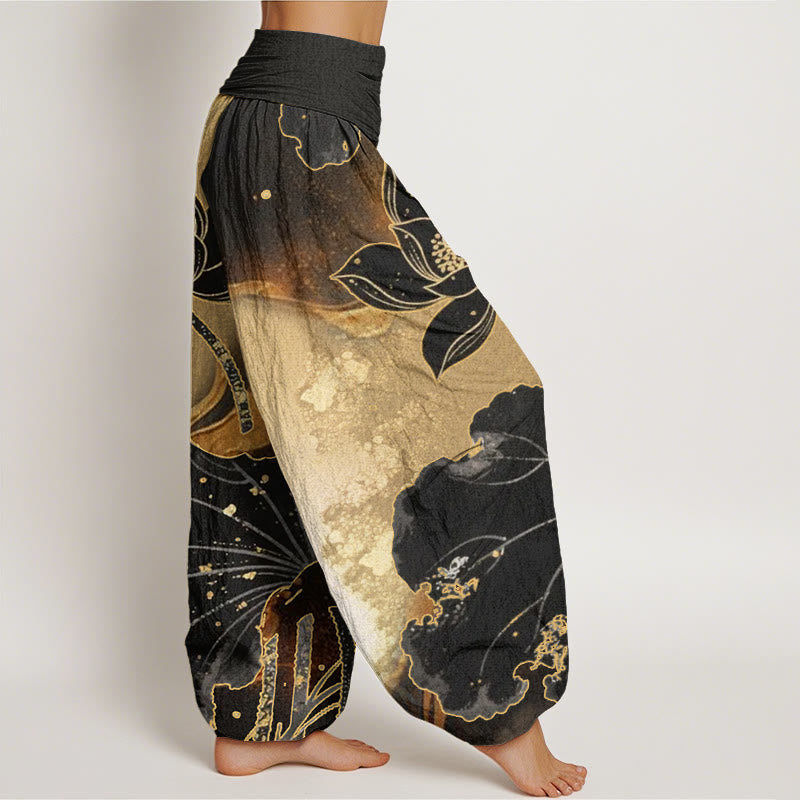 Buddha Stones Cotton Casual Lotus Petal Pattern Women's Elastic Waist Harem Pants - image 1