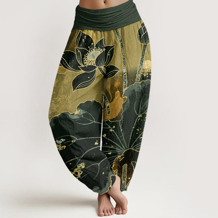 Buddha Stones Cotton Casual Lotus Petal Pattern Women's Elastic Waist Harem Pants - DarkOliveGreen - US22，UK/AU26，EU54 (6XL) - image 4