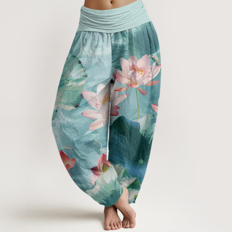 Buddha Stones Cotton Casual Lotus Petal Pond Pattern Women's Elastic Waist Harem Pants - PaleTurquoise - US22，UK/AU26，EU54 (6XL) - image 0