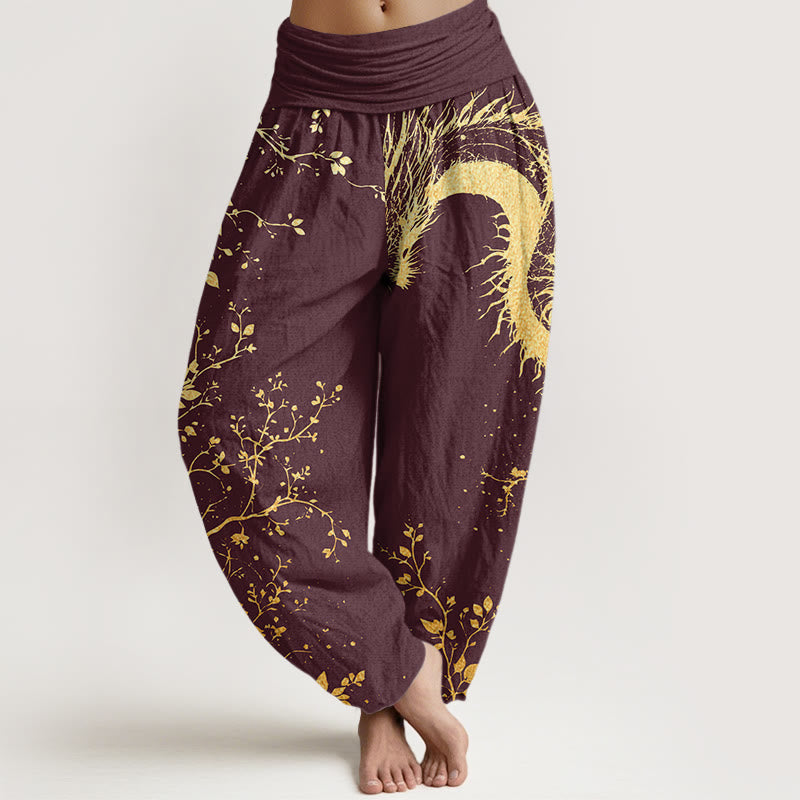 Buddha Stones Cotton Casual Dragon Flower Leaf Pattern Women's Elastic Waist Harem Pants - Maroon - US22，UK/AU26，EU54 (6XL) - image 4