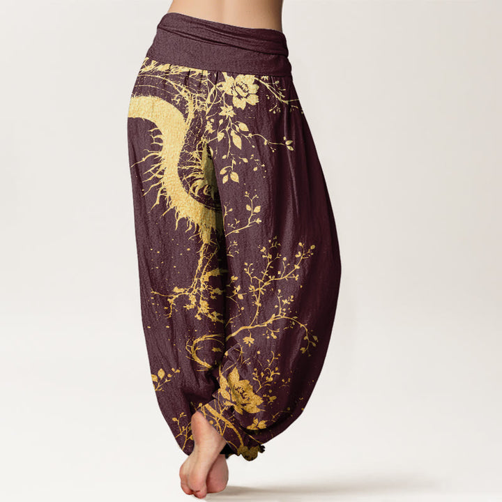 Buddha Stones Cotton Casual Dragon Flower Leaf Pattern Women's Elastic Waist Harem Pants - image 6