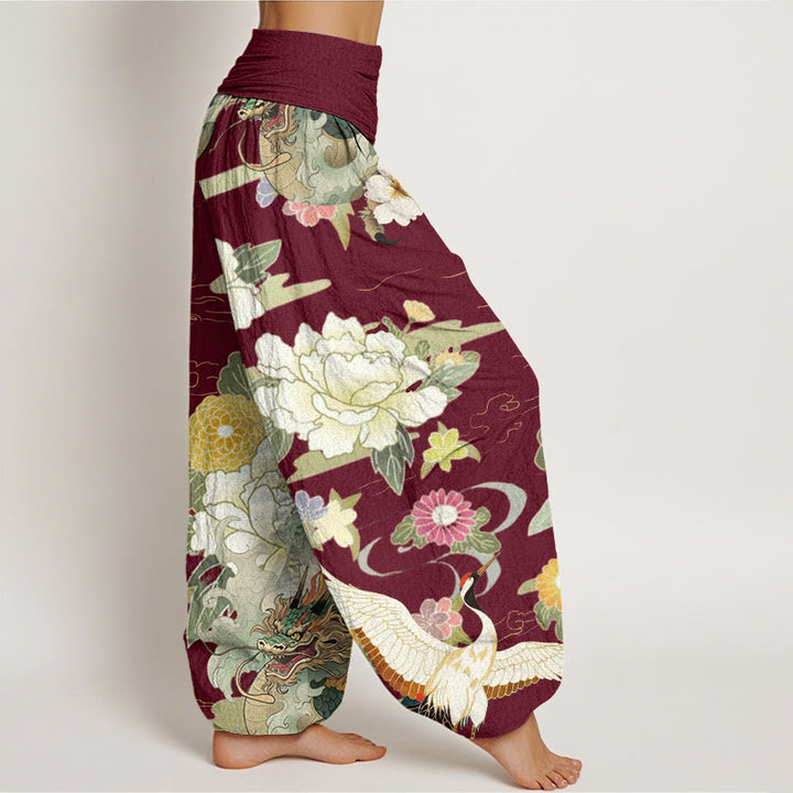 Buddha Stones Cotton Casual Dragon Red-crowned Crane Peony Flower Pattern Women's Elastic Waist Harem Pants - image 1