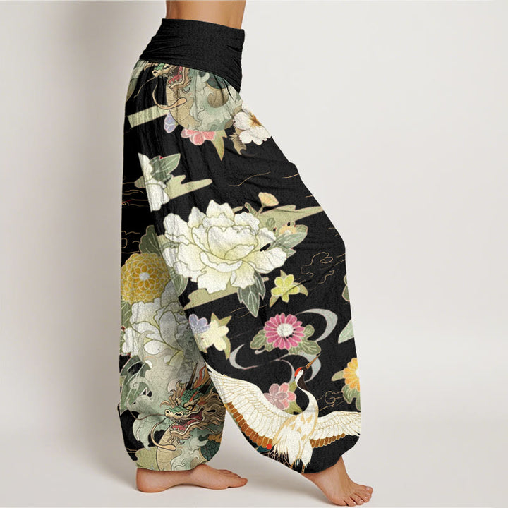 Buddha Stones Cotton Casual Dragon Red-crowned Crane Peony Flower Pattern Women's Elastic Waist Harem Pants - image 5