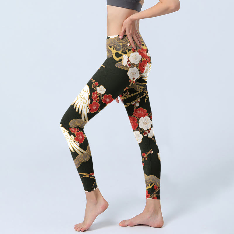 Buddha Stones Red Crowned Cranes Plum Blossoms Branches Pattern Print Gym Leggings Women's Yoga Pants - image 2