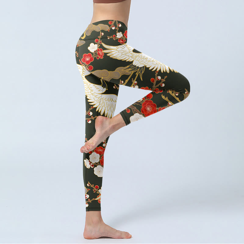 Buddha Stones Red Crowned Cranes Plum Blossoms Branches Pattern Print Gym Leggings Women's Yoga Pants - image 3
