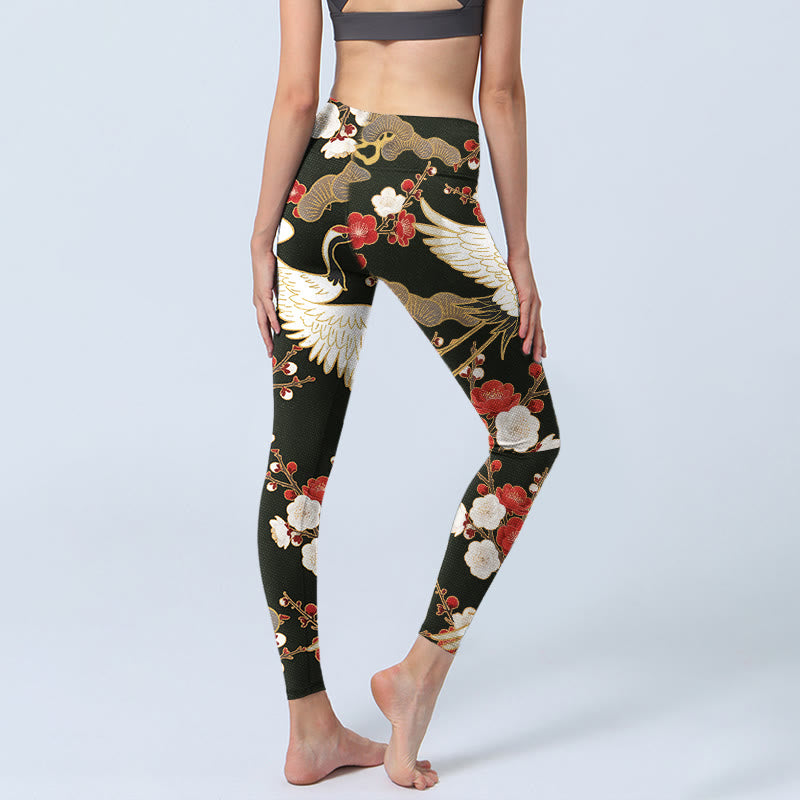 Buddha Stones Red Crowned Cranes Plum Blossoms Branches Pattern Print Gym Leggings Women's Yoga Pants - image 4