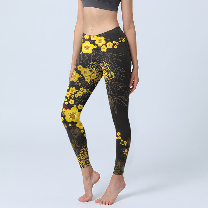 Buddha Stones Yellow Cherry Blossoms Bamboo Leaves Firework Pattern Print Gym Leggings Women's Yoga Pants - Black - US18，UK/AU22，EU50 (4XL) - image 0