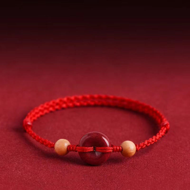 Buddha Stones Peach Wood Peace Buckle Cinnabar Wealth String Bracelet Anklet - image 1