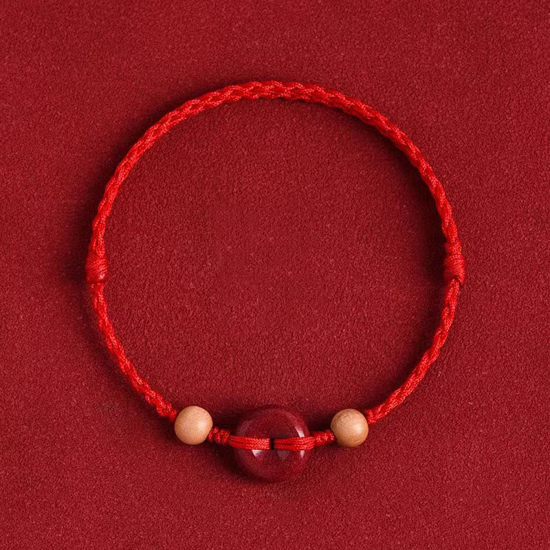 Buddha Stones Peach Wood Peace Buckle Cinnabar Wealth String Bracelet Anklet - Red Rope - Anklet(Anklet Circumference 21-22cm) - image 0