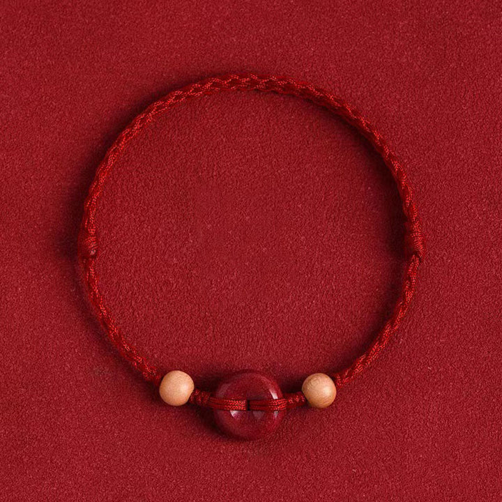 Buddha Stones Peach Wood Peace Buckle Cinnabar Wealth String Bracelet Anklet - Dark Red Rope - Anklet(Anklet Circumference 21-22cm) - image 10