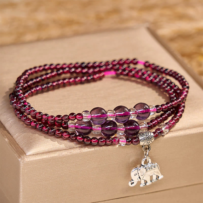 Buddha Stones Natural Garnet Elephant Abacus Lucky Bag PiXiu Protection Triple Wrap Bracelet - Elephant(Wrist Circumference 14-15cm) - 3mm - image 0