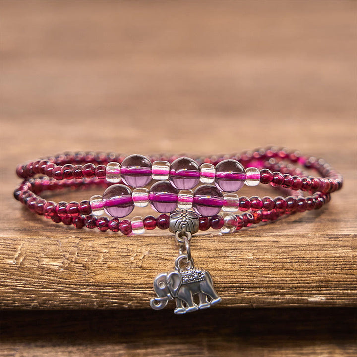 Buddha Stones Natural Garnet Elephant Abacus Lucky Bag PiXiu Protection Triple Wrap Bracelet - image 1