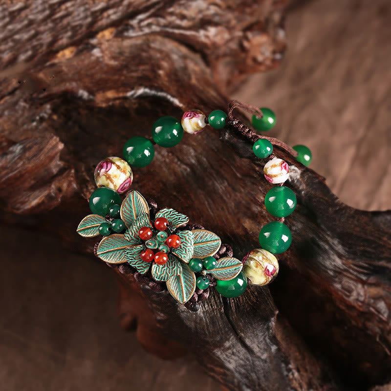 Buddha Stones Green Agate Glass Flower Beads Braided Knot Support Bracelet - Green Agate(Wrist Circumference: 5.5-7.9in) - image 0