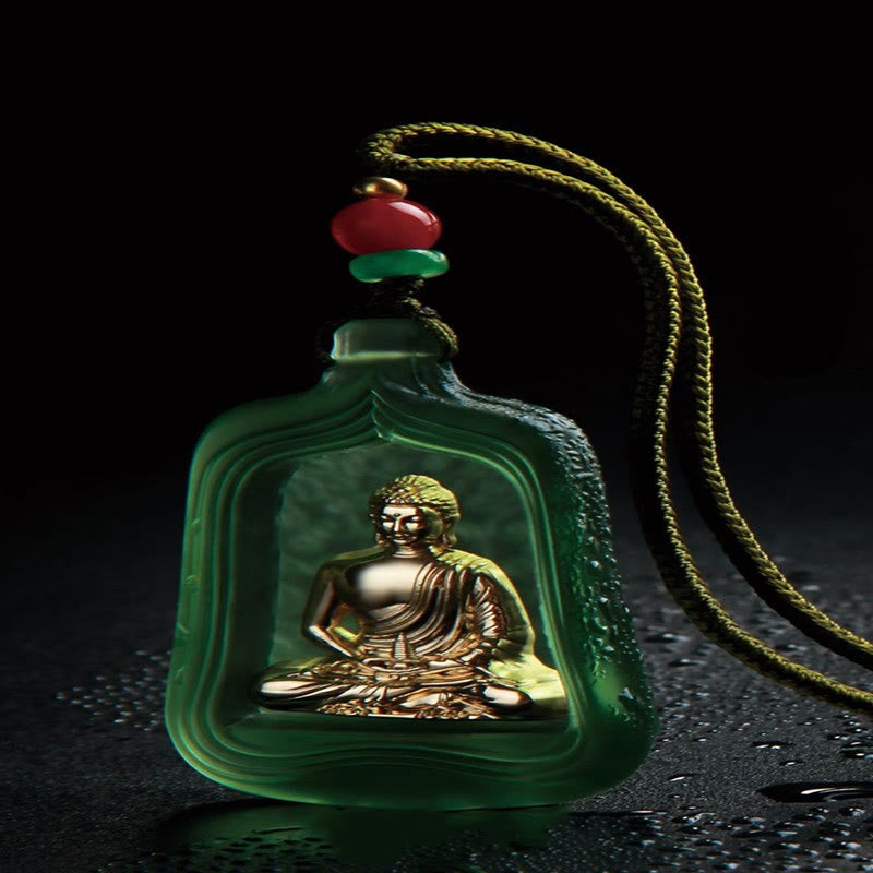 Buddha Stones Tibetan Medicine Buddha Liuli Crystal Compassion Serenity Necklace Pendant - Green Medicine Buddha Rope - image 7