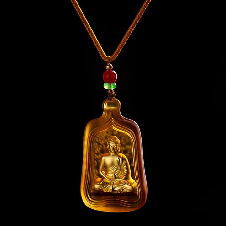 Buddha Stones Tibetan Medicine Buddha Liuli Crystal Compassion Serenity Necklace Pendant - Yellow Medicine Buddha Rope - image 9
