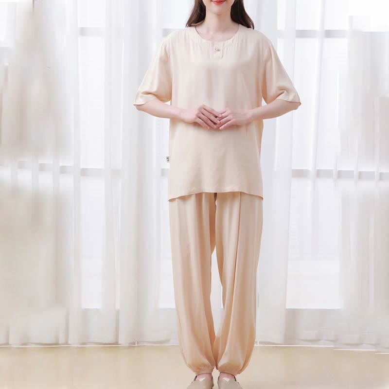 Buddha Stones 2pcs Plain Color Frog-Button Simple Design Crew Neck Design Half Sleeve Shirt Top Elastic Waist Pants Meditation Zen Tai Chi Cotton Clothing Women's Set - image 5