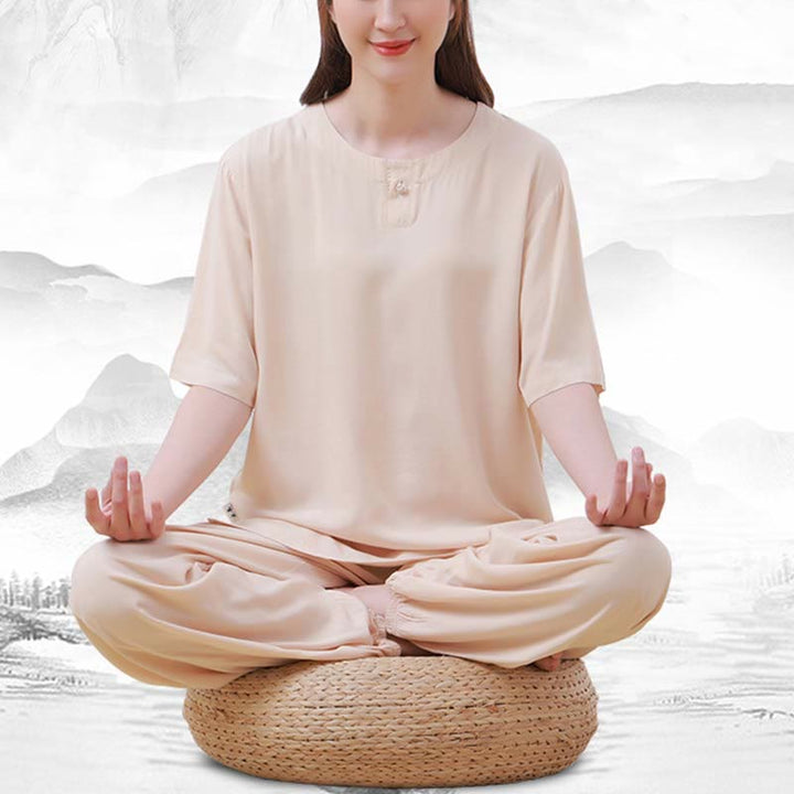 Buddha Stones 2pcs Plain Color Frog-Button Simple Design Crew Neck Design Half Sleeve Shirt Top Elastic Waist Pants Meditation Zen Tai Chi Cotton Clothing Women's Set - image 1