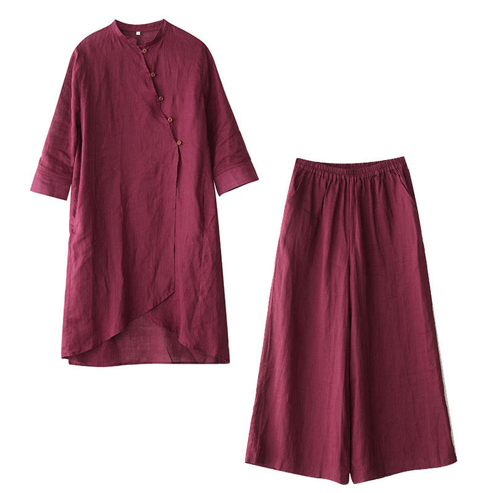 Buddha Stones Casual 2pcs Plain Three Quarter Sleeve Slanted Collar Shirt Top Wide Leg Pants With Pockets Meditation Zen Tai Chi Clothing Women's Set - image 18