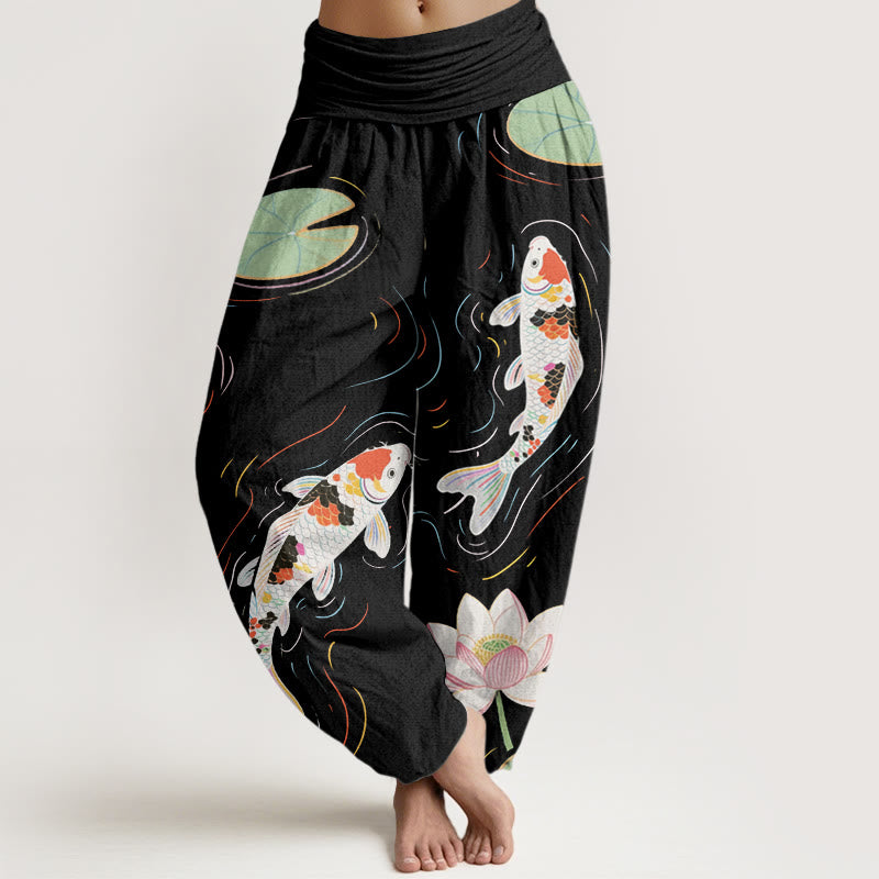 Buddha Stones Cotton Lotus Flower Lotus Leaves Koi Fish Water Ripples Pattern Women's Elastic Waist Harem Pants - Black - US22，UK/AU26，EU54 (6XL) - image 0