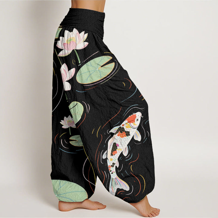 Buddha Stones Cotton Lotus Flower Lotus Leaves Koi Fish Water Ripples Pattern Women's Elastic Waist Harem Pants - image 2