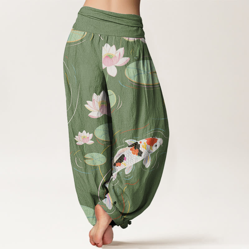 Buddha Stones Cotton Lotus Flower Lotus Leaves Koi Fish Water Ripples Pattern Women's Elastic Waist Harem Pants - image 5
