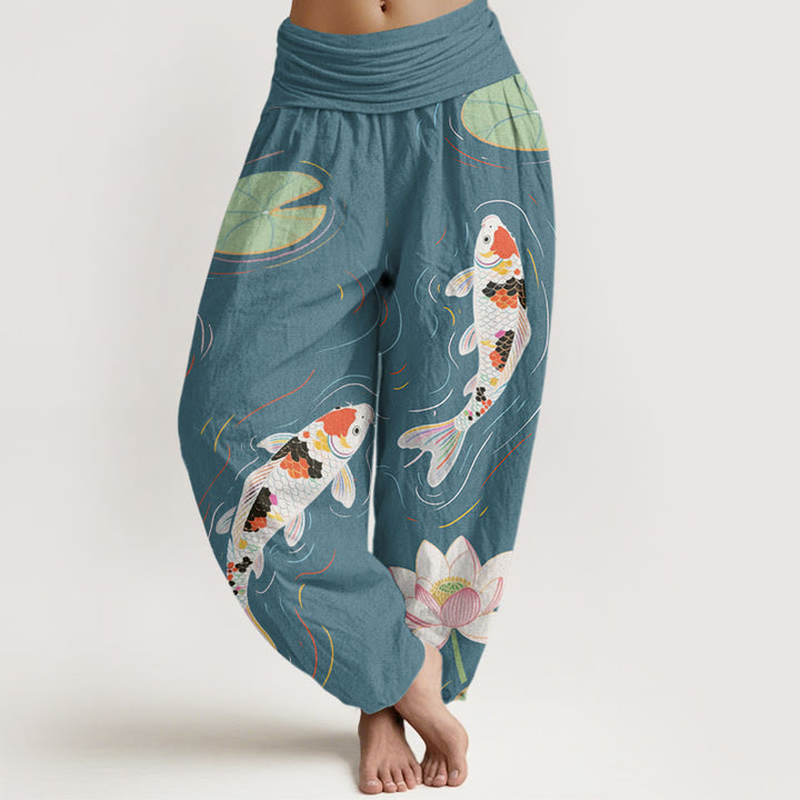 Buddha Stones Cotton Lotus Flower Lotus Leaves Koi Fish Water Ripples Pattern Women's Elastic Waist Harem Pants - LightSeaGreen - US22，UK/AU26，EU54 (6XL) - image 7