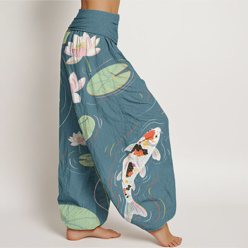 Buddha Stones Cotton Lotus Flower Lotus Leaves Koi Fish Water Ripples Pattern Women's Elastic Waist Harem Pants - image 9