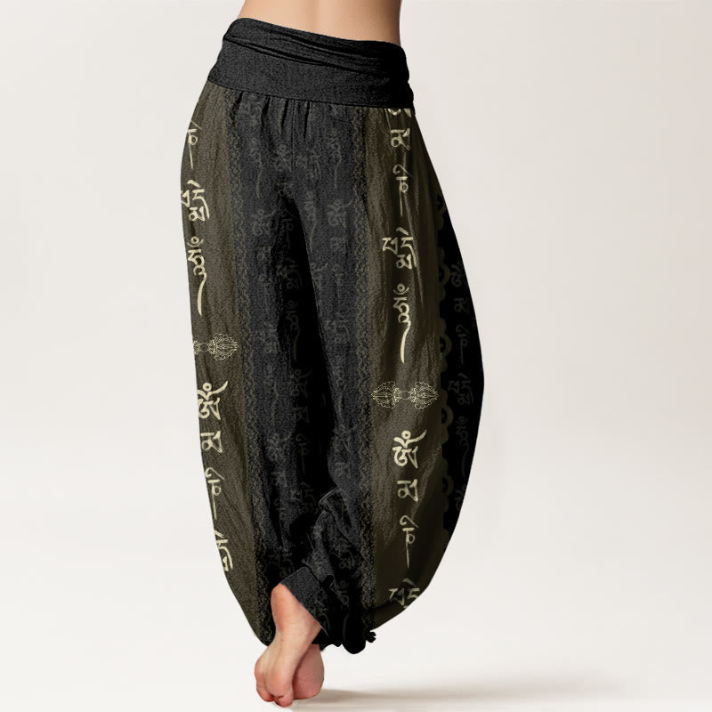 Buddha Stones Cotton Om Mani Padme Hum Pattern Women's Elastic Waist Harem Pants - image 1