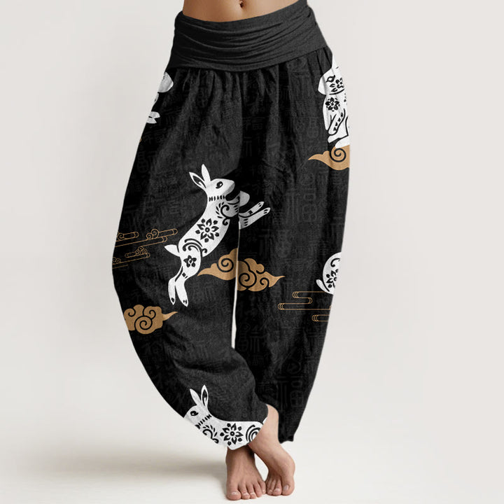 Buddha Stones Cotton White Rabbit Auspicious Cloud Pattern Women's Elastic Waist Harem Pants - Black - US22，UK/AU26，EU54 (6XL) - image 0