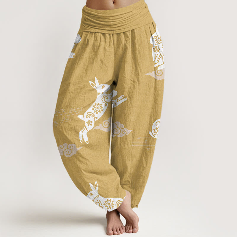 Buddha Stones Cotton White Rabbit Auspicious Cloud Pattern Women's Elastic Waist Harem Pants - Khaki - US22，UK/AU26，EU54 (6XL) - image 4
