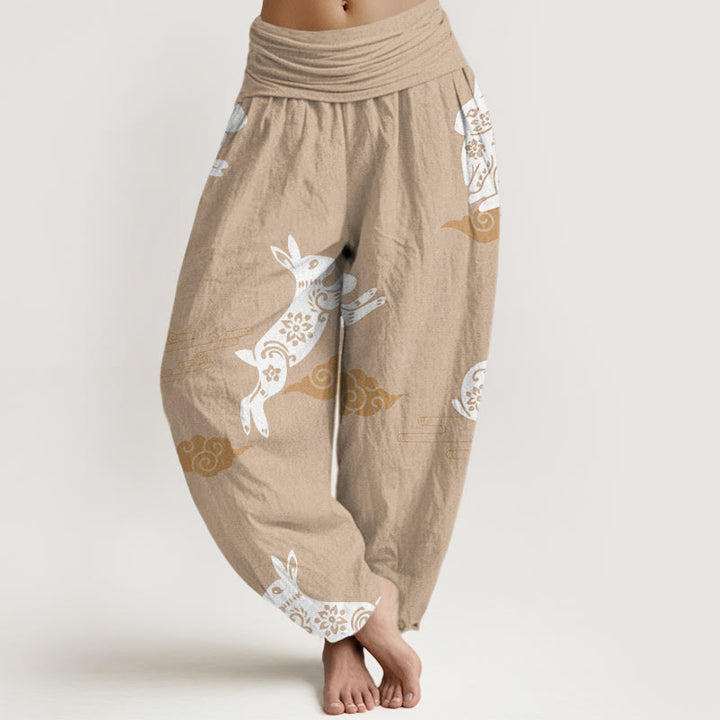 Buddha Stones Cotton White Rabbit Auspicious Cloud Pattern Women's Elastic Waist Harem Pants - BurlyWood - US22，UK/AU26，EU54 (6XL) - image 7