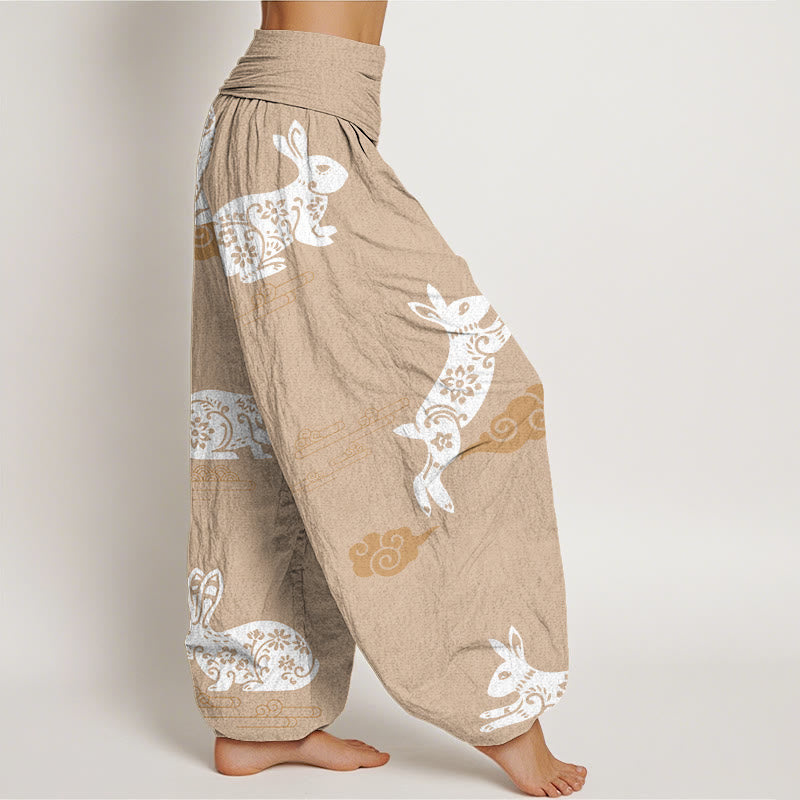 Buddha Stones Cotton White Rabbit Auspicious Cloud Pattern Women's Elastic Waist Harem Pants - image 9