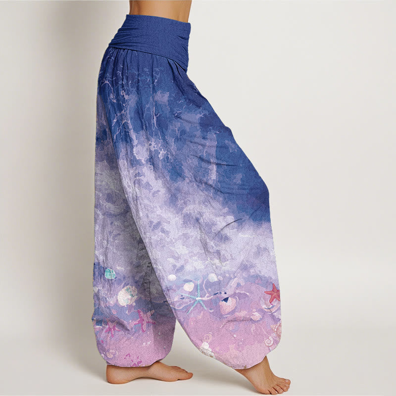 Buddha Stones Pure Cotton Vast Ocean Pattern Women's Elastic Waist Harem Pants - image 11