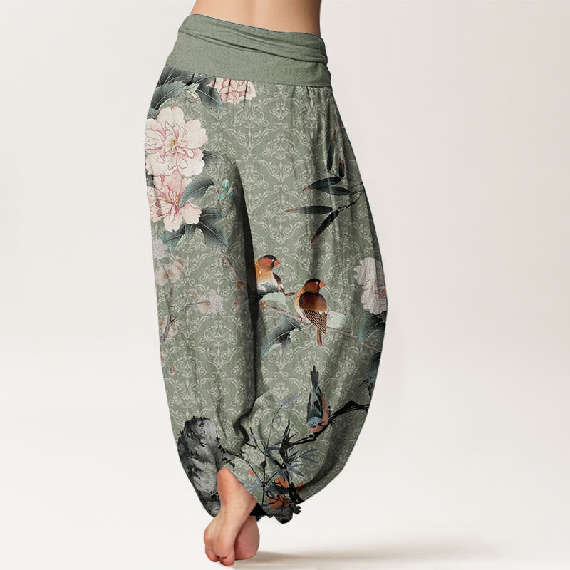 Buddha Stones Pure Cotton Warbler Bird Blooming Flower Branches Mandala Pattern Women's Elastic Waist Harem Pants - image 1