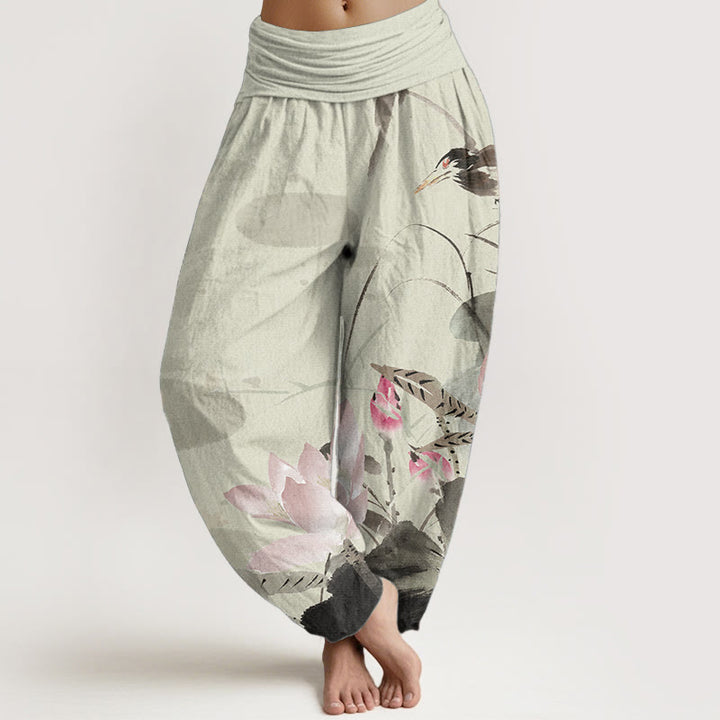 Buddha Stones Pure Cotton Pink Lotus Leaves Bird Pattern Women's Elastic Waist Harem Pants - Khaki - US22，UK/AU26，EU54 (6XL) - image 0