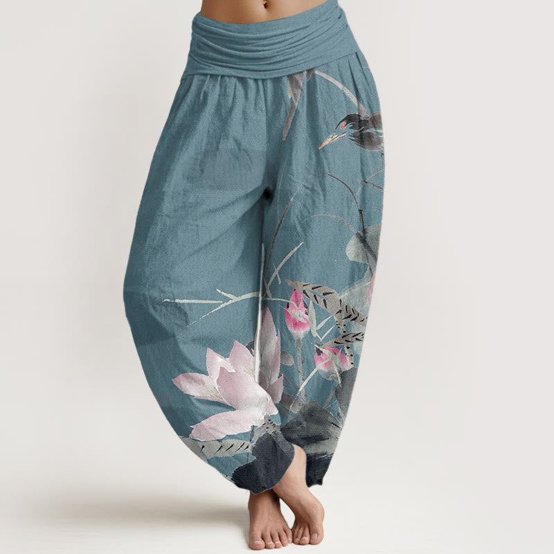 Buddha Stones Pure Cotton Pink Lotus Leaves Bird Pattern Women's Elastic Waist Harem Pants - DarkTurquoise - US22，UK/AU26，EU54 (6XL) - image 5