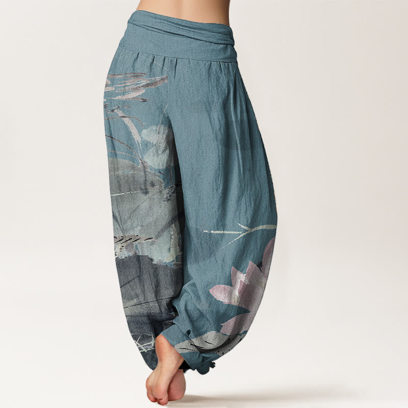 Buddha Stones Pure Cotton Pink Lotus Leaves Bird Pattern Women's Elastic Waist Harem Pants - image 6