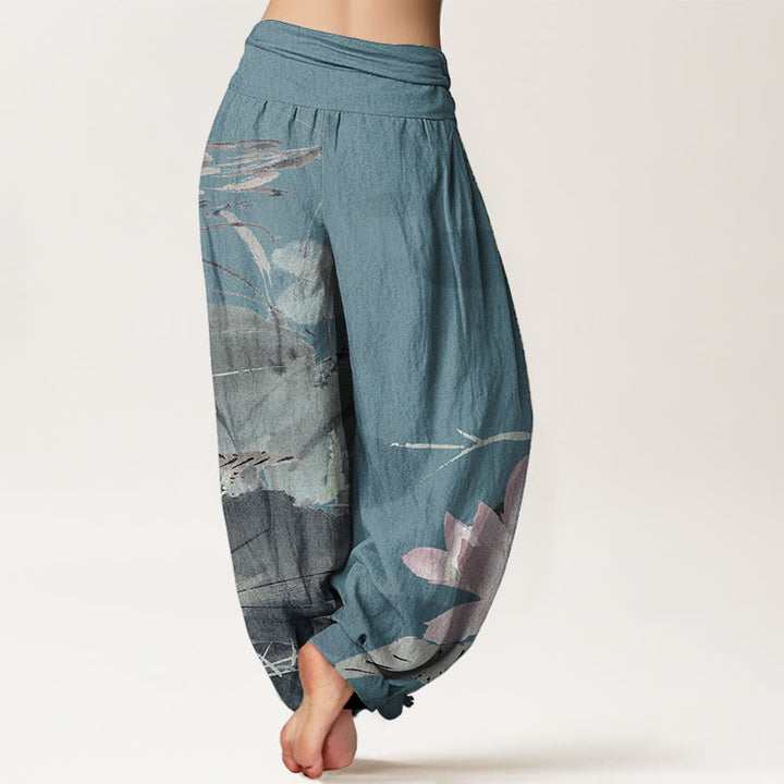 Buddha Stones Pure Cotton Pink Lotus Leaves Bird Pattern Women's Elastic Waist Harem Pants - image 6