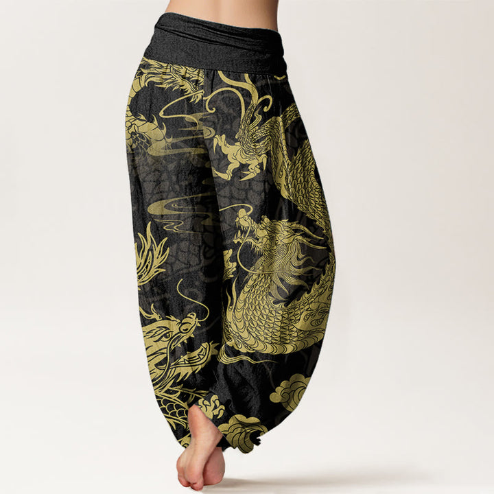 Buddha Stones Pure Cotton Dragon Auspicious Clouds Women's Elastic Waist Harem Pants - image 1