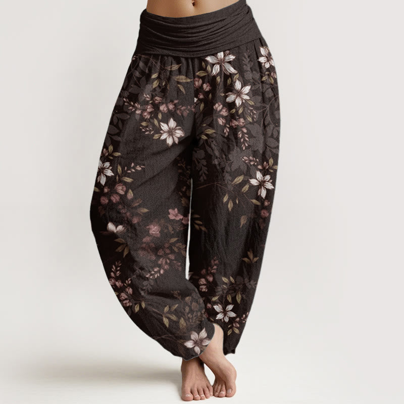Buddha Stones Pure Cotton Small White Blossoms Green Leaves Women's Elastic Waist Harem Pants - SaddleBrown - US22，UK/AU26，EU54 (6XL) - image 8