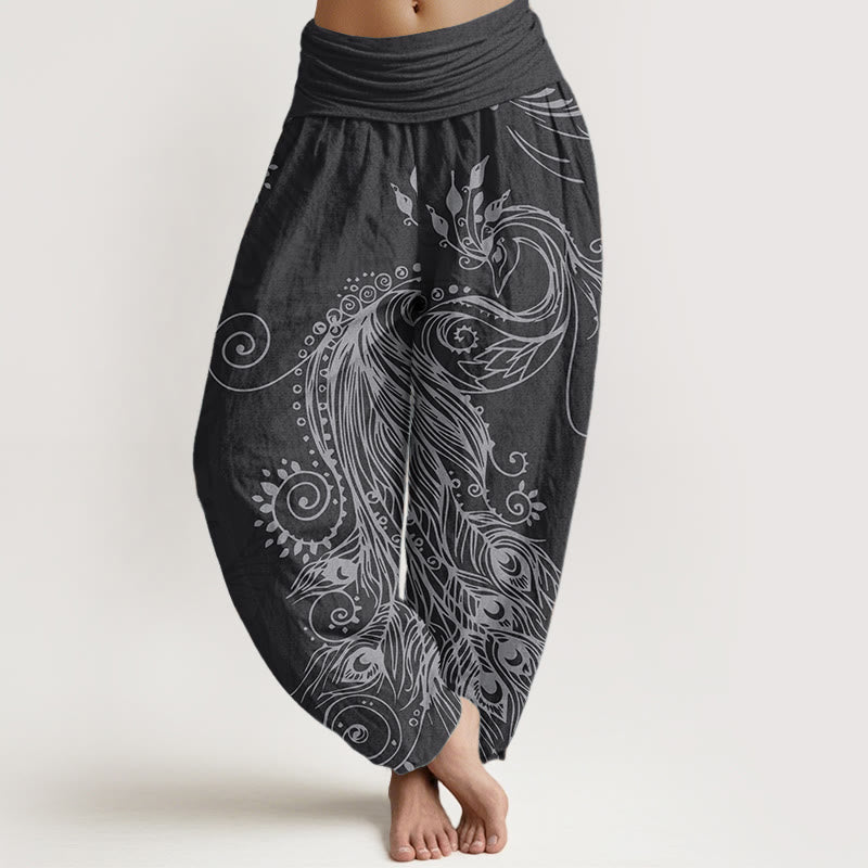 Buddha Stones Pure Cotton Casual Peacock Design Women's Elastic Waist Harem Pants - Black - US22，UK/AU26，EU54 (6XL) - image 0