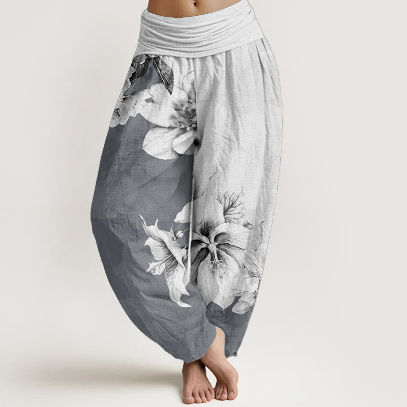 Buddha Stones Pure Cotton Camellia Pattern Women's Elastic Waist Harem Pants - Gainsboro - US22，UK/AU26，EU54 (6XL) - image 6