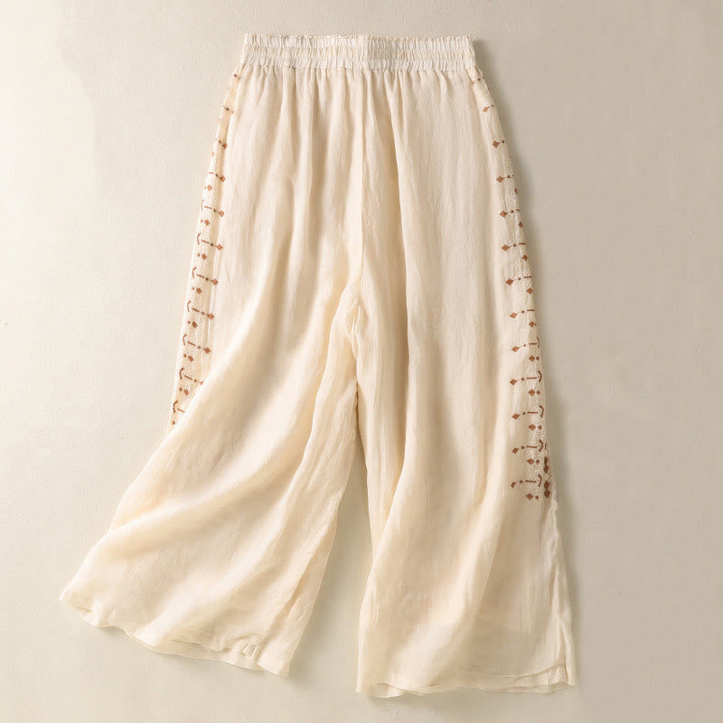 Buddha Stones Ethnic Embroidery Drawstring Cotton Linen Women's High Waist Wide Leg Pants With Pockets - LemonChiffon - US8-10，UK/AU12-14，EU40-42 (2XL) - image 0