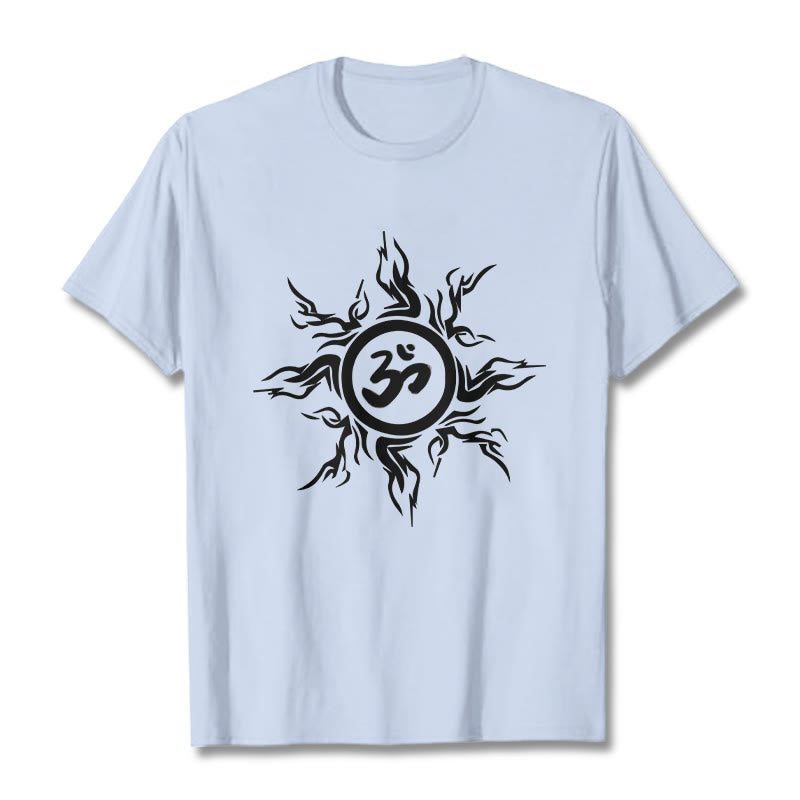 Buddha Stones Sunburst Pattern Surrounding An Om Symbol Pattern Cotton Tee T-shirt - LightCyan - 2XL - image 18