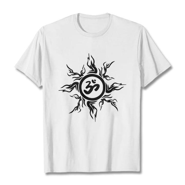 Buddha Stones Sunburst Pattern Surrounding An Om Symbol Pattern Cotton Tee T-shirt - White - 2XL - image 0