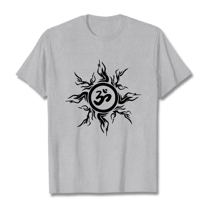 Buddha Stones Sunburst Pattern Surrounding An Om Symbol Pattern Cotton Tee T-shirt - LightGrey - 2XL - image 19