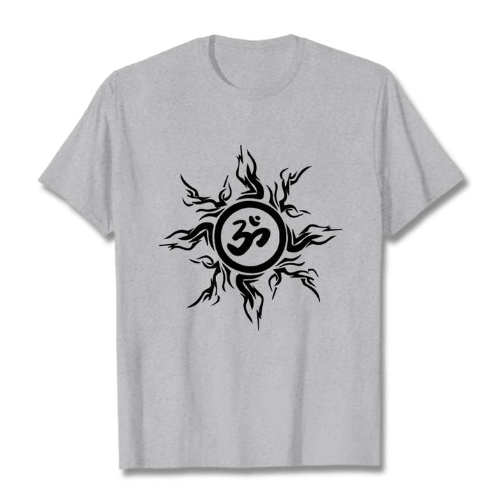 Buddha Stones Sunburst Pattern Surrounding An Om Symbol Pattern Cotton Tee T-shirt - LightGrey - 2XL - image 19