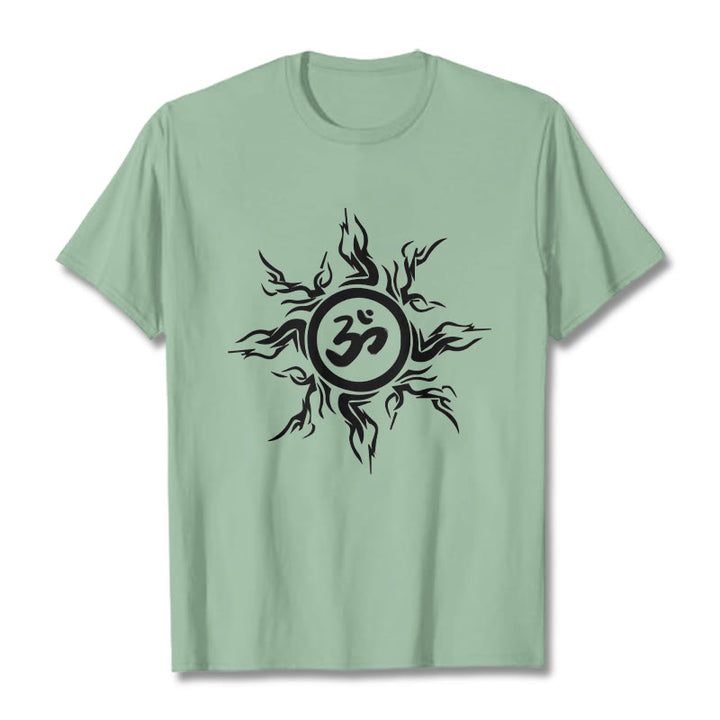 Buddha Stones Sunburst Pattern Surrounding An Om Symbol Pattern Cotton Tee T-shirt - PaleGreen - 2XL - image 14