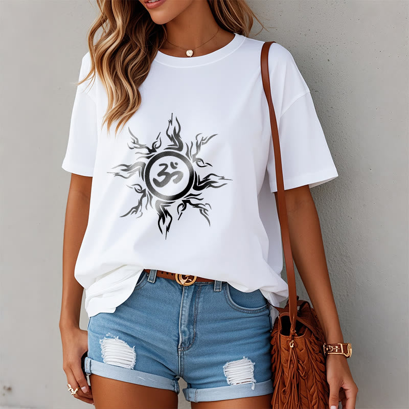 Buddha Stones Sunburst Pattern Surrounding An Om Symbol Pattern Cotton Tee T-shirt - image 1